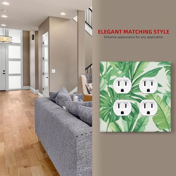 Outlet Covers Tropical Palm Tree Leaf Green Plant 2 Gang Double Duplex Decorative Light Switch Covers Electrical Wallplates Socket Faceplate For Bed Room Living Room Decor