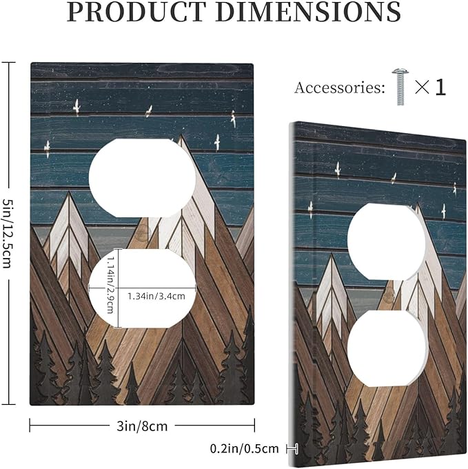 Rustic Geometric Mountain Wilderness Wood 1 Gang Wall Plate Single Duplex Outlet Cover Receptacle Decorative Light Switch Cover Plate Electrical Faceplate Socket for Bedroom Bathroom Kitchen Decor
