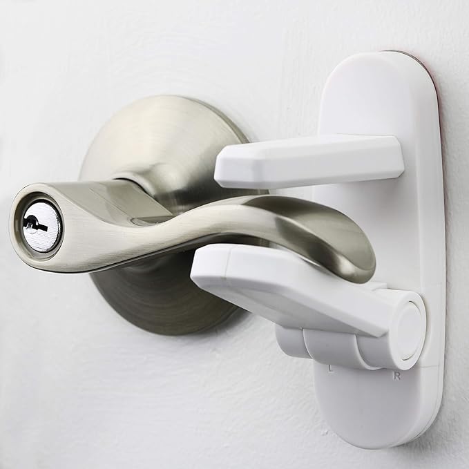 Door Lever Lock (1 Pack) Prevents Toddlers from Opening Doors. 3.25" L * 1.5" W * 4.5" H Easy One Hand Operation for Adults. Durable ABS with 3M Adhesive Backing. Simple Install, No Tools Needed.