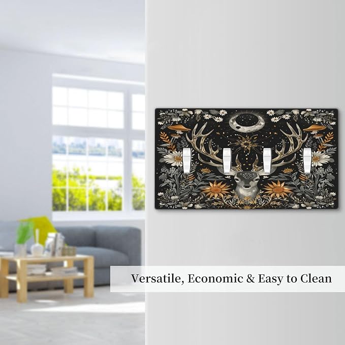 Light Switch Cover Plate Vintage Deer Flowers Moon Natural Plants Floral 4 Gang Quad Toggle Decorative Switch Plates Electrical Wall Plates Faceplate for Bathroom Bedroom Decor