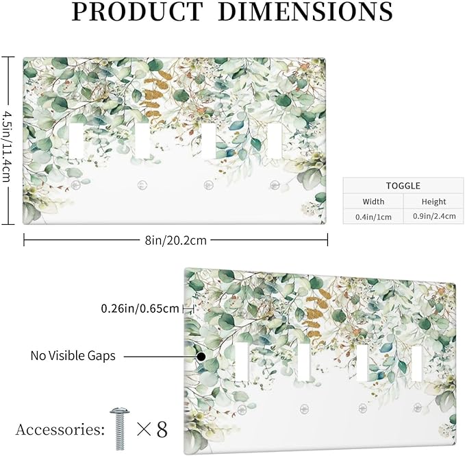 Gold Green Eucalyptus Leaves Plants Flowers Floral Light Switch Covers Quad Toggle Electrical Faceplate 4 Gang Wall Plate Decorative Switch Plates Cover for Bedroom Living Room Decor