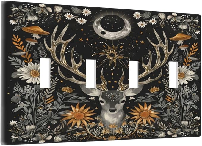 Light Switch Cover Plate Vintage Deer Flowers Moon Natural Plants Floral 4 Gang Quad Toggle Decorative Switch Plates Electrical Wall Plates Faceplate for Bathroom Bedroom Decor