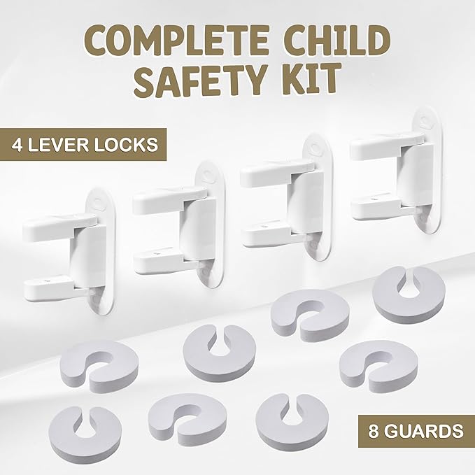 4 Pack Child Door Locks Lever Handle | Baby Safety Door Knob Lock | Prevent Toddlers from Opening Doors, Easy for Adults to Open | Durable Adhesive Simple Install | 8 Bonus Pinch Guards Included