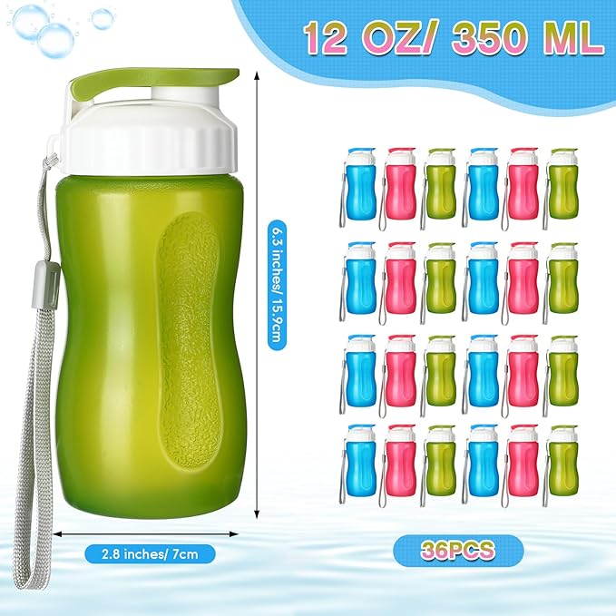 Domensi 36 Pack 12 oz Kids Plastic Water Bottles Reusable Plastic Sports Water Bottles Wide Mouth Leak Proof Lightweight for Boys Girls Child Toddler to School Travel Camping, DIY Gift
