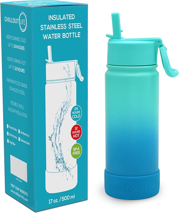 CHILLOUT LIFE 17 oz Kids Insulated Water Bottle for School with Straw Lid Leakproof and Cute Waterproof Stickers, Personalized Stainless Steel Thermos Flask Metal Water Bottle for Girls & Boys