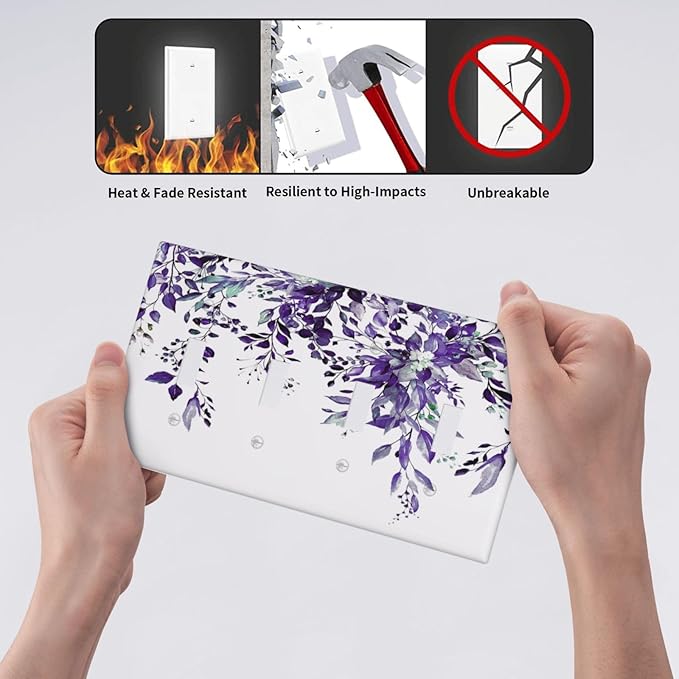 Decorative Light Switch Cover Plate Purple Eucalyptus Boho Olive Leaves Country Unique 4 Gang Wall Plate Switch Plate Covers Quad Toggle Jumbo Electrical Faceplate for Bedroom Decor