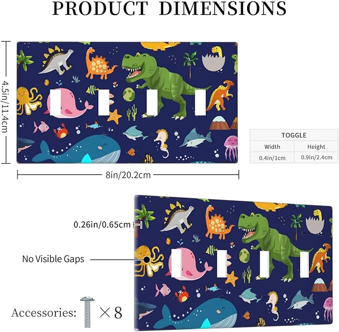Kids Boys Cartoon Blue/Green Dinasour Ocean Animals Theme Decorative 4 Gang Quad Toggle Light Switch Cover Electric Large Size Marine Starfish Quadruple Faceplate Decorative Switch Face Wallplate
