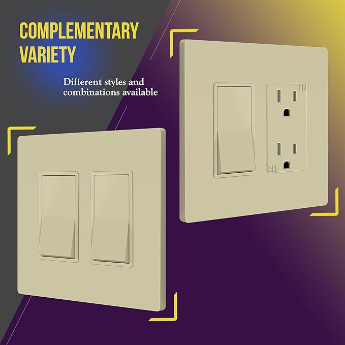 ENERLITES Screwless Decorator Wall Plates Child Safe Outlet Covers, Gloss Finish, Midway Size 2-Gang 4.88" H x 4.92” L, Unbreakable Polycarbonate Thermoplastic, SI8832M-I, Ivory