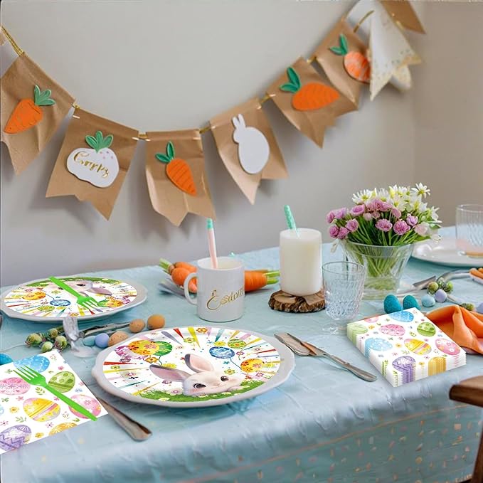 72 Pcs Easter Paper Plates 7in Disposable Bunny Dessert Plates Napkins and Forks Easter Party Tableware Set Decoration Supplies for Spring Birthday Baby Shower Party, Serve 24