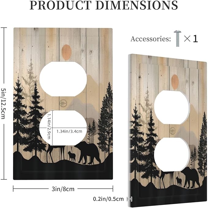 Outlet Covers Wood Board Wildlife Cute Bear Deer Forest Rustic 1 Gang Duplex Wall Plate Decorative Switch Plates Electrical Receptacle Faceplate Light Switch Cover for Bathroom Farmhouse