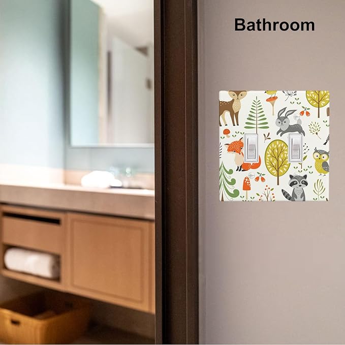 Woodland Animals 2-Gang Double Toggle Switch Plate, Forest Mushroom Wall Plate for Nursery, Kids Room, Playroom & Cabin