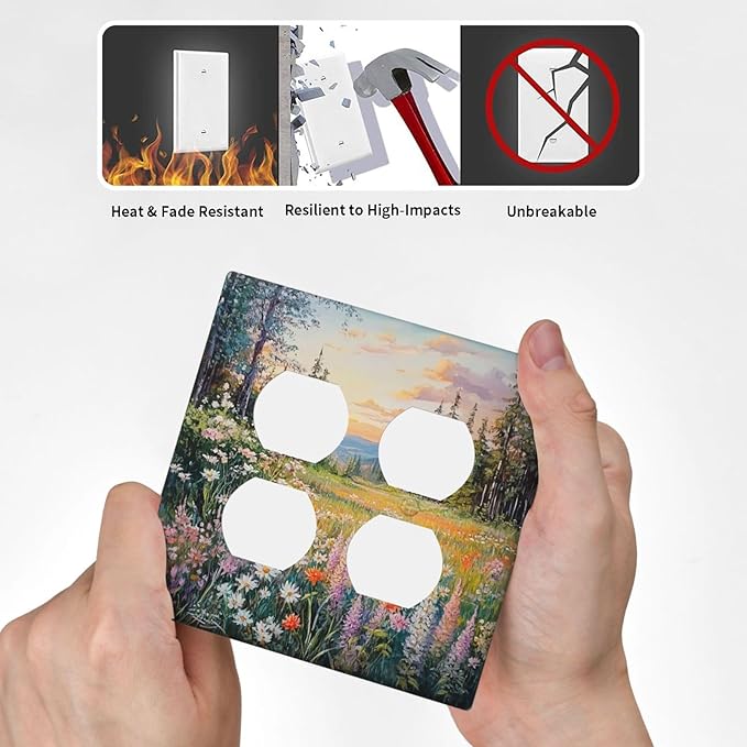 Outlet Covers Floral Landscape Rustic Nature Wildflower 2 Gang Double Duplex Decorative Light Switch Covers Electrical Wallplates Socket Faceplate For Bed Room Living Room Decor