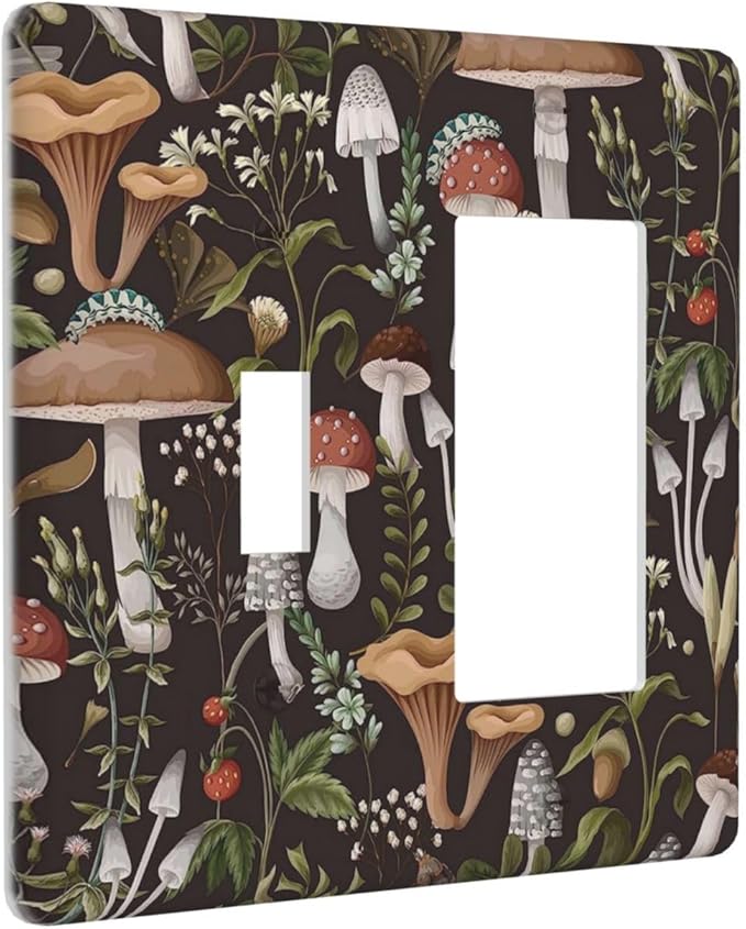 Vintage Boho Hippie Plant Mushroom 2 Gang Single Toggle/Rocker Combination Light Switch Cover Decorative Wall Plate Cover Electrical Faceplate Art Oil Painting Decor