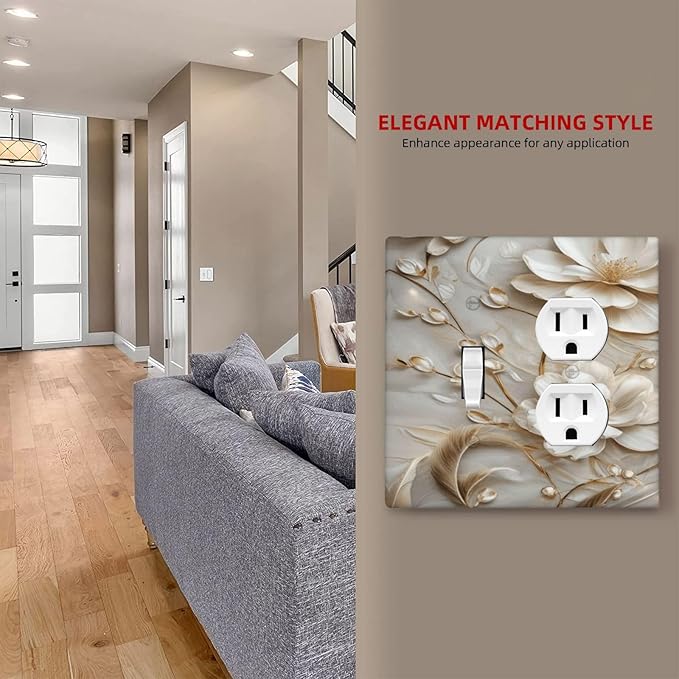Decorative Art Light Switch Covers Elegant White and Gold Florals 2 Gang Single Toggle Duplex Combination Electrical Faceplate Switchplate Wall Plate for Home Decor