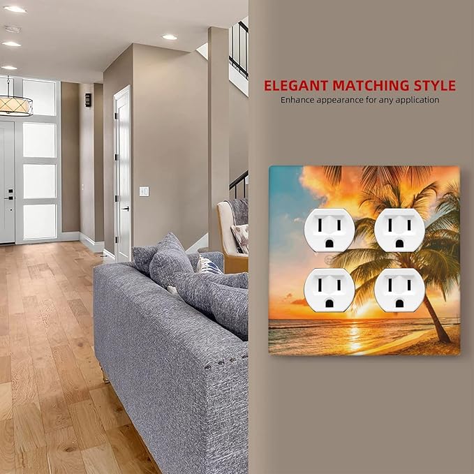 Decorative Outlet Covers Tropical Beach Ocean Palm Trees Hawaiian Sunset 2 Gang Wall Plate Double Duplex Light Switch Cover Switch Plate Covers Faceplate for Bedroom Home Decor