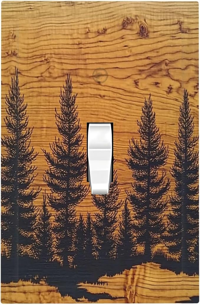 Decorative Light Switch Cover Forest Pine Silhouette Rustic Wood Grain 1 Gang Single Toggle Device Electrical Faceplate Switchplates Decorator Outlet Wall Plate For Farmhouse Cabin Decor