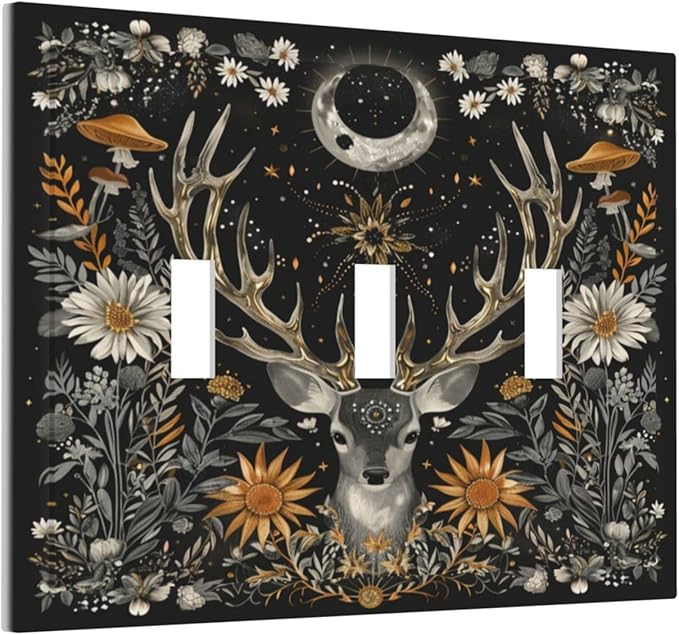 Light Switch Cover Plate Vintage Deer Flowers Moon Natural Plants Floral 3 Gang Triple Toggle Decorative Switch Plates Wall Plates Electrical Switchplate Faceplate for Bathroom Bedroom Decor