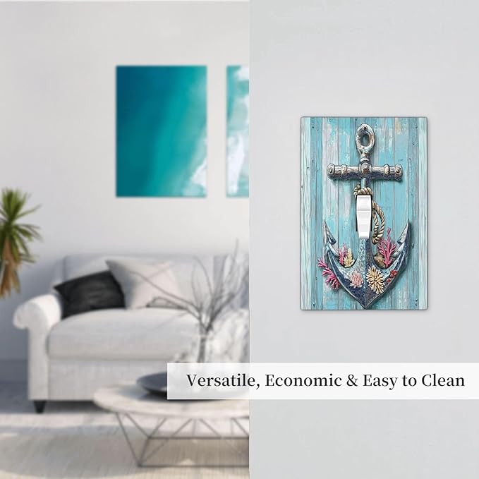 Decorative Light Switch Cover Anchor Coastal Beach Nautical Coral 1 Gang Single Toggle Device Electrical Faceplate Switchplates Decorator Outlet Wall Plate For Farmhouse Cabin Decor