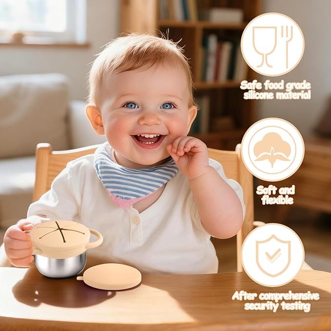 Mity rain Stainless Steel Snack Containers for Toddlers with Spill-Proof Silicone Lids Handles - 3-in-1 Baby Snack Cups, No-Spill Toddler Snack Box (Yellow+Red, Two piece set)