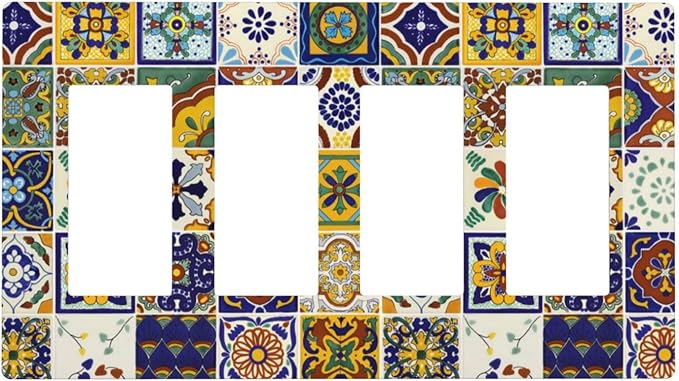 Yellow Mexican Moroccan Sun Tile 4 Gang Quad Rocker Light Switch Cover Decorative Quadruple Device GFCI/Decorator Wall Plate Electric Faceplate Screwless