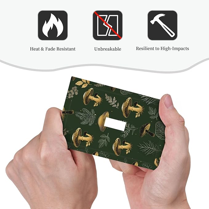 Decorative Light Switch Cover Plate Cute Gold Mushtroom Green Plant Leaf 1 Gang Single Toggle Wall Plates for Electrical Outlet Covers Switch Plate Covers Faceplate for Bedroom Decor