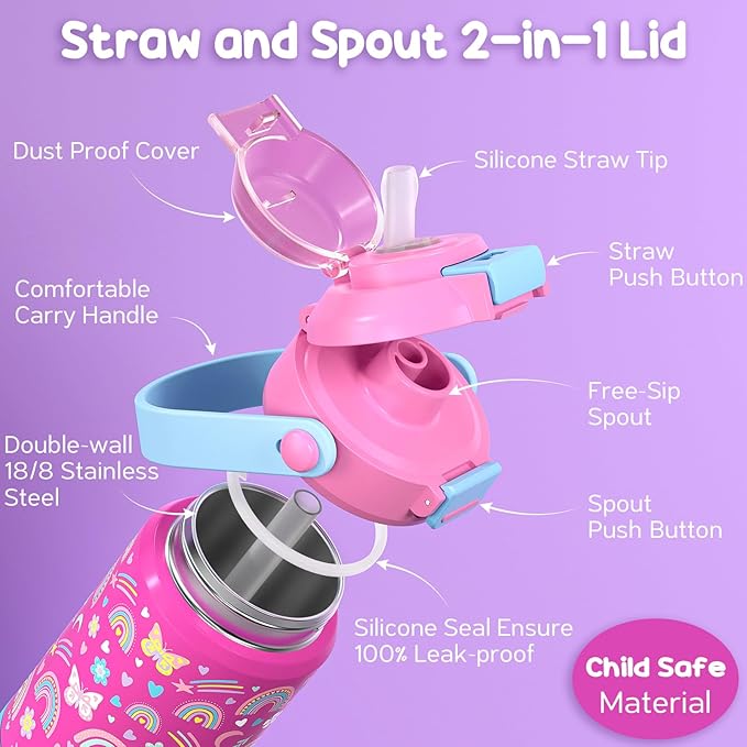 Kids Insulated Water Bottle with Pop-Open Straw & Spout 2-in-1 Lid, 18oz Leak Proof 18/8 Stainless Steel Vacuum Tumbler, BPA-Free Kids Cup For Travel School Boys Girls Toddler, Rainbow & Mermaid