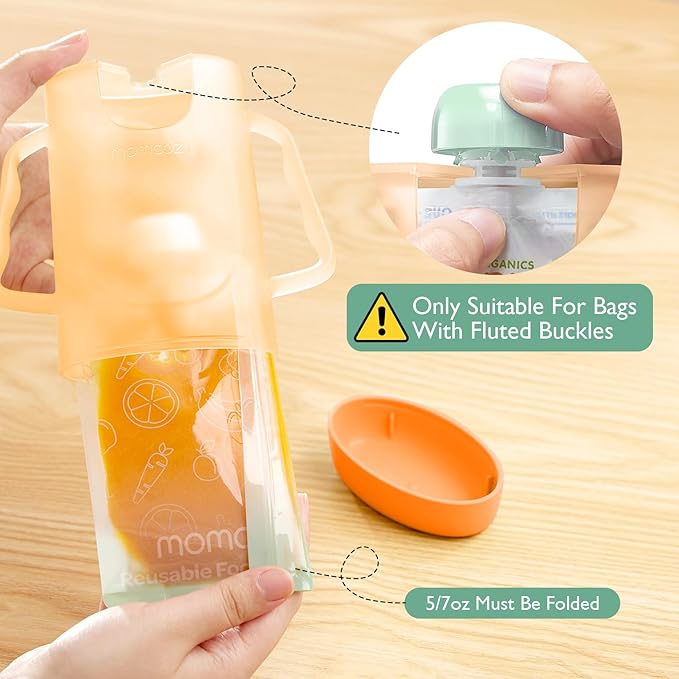 Momcozy Baby Pouch Holder No Squeeze, Baby Food & Juice Box Holder, Mess-Free, Easy Grip for Self-Feeding, BPA-Free & DEHP-Free, Must-Have for Babies, Violet&Orange 2Pcs