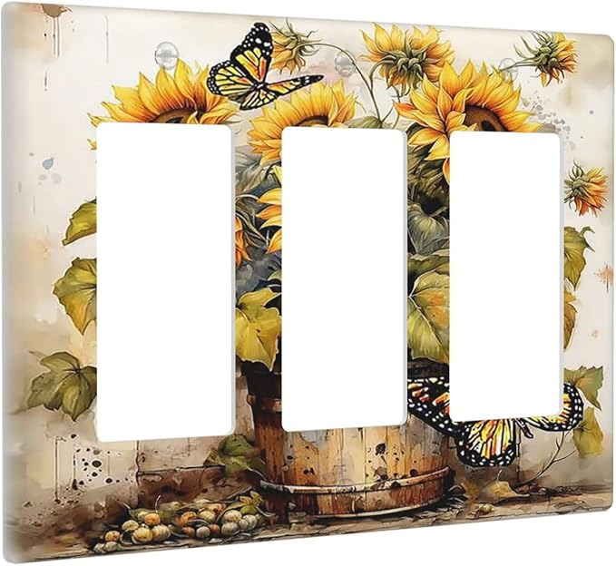 Light Switch Covers Rustic Vintage Sunflower Bouquet Butterfly 3 Gang Rocker Electrical GFCI Decorative Triple Outlet Wall Plate Cover Switchplate for Farmhouse Cabin Decor
