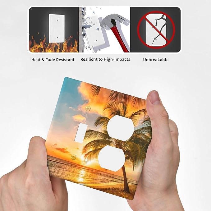 Decorative Outlet Covers Tropical Beach Ocean Palm Trees Hawaiian Sunset 2 Gang Wall Plate Single Toggle Duplex Light Switch Cover Switch Plate Covers Faceplate for Bedroom Decor