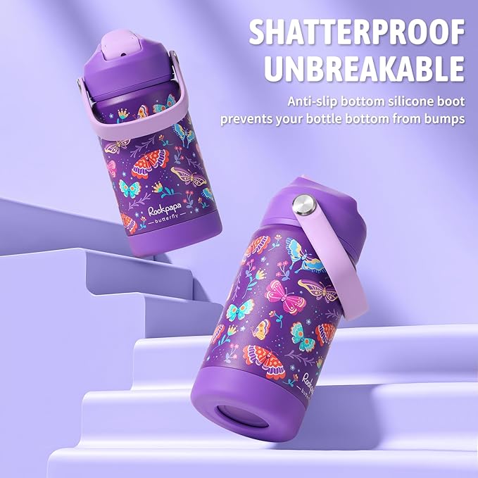 rockpapa 14 oz Kids Insulated Water Bottle，Stainless Steel Toddler Cups with Straws, BPA Free, Leak-Proof, Kids Water Bottle for School Boys& Girls (Purple Butterfly)