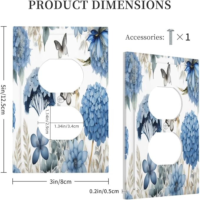 Blue Floral Hydrangea Floral Butterfly Flower Plant Outlet Covers 1 Gang Duplex Light Switch Cover Decorative Switch Plates Electrical Receptacle Faceplate Wall Plate for Bedroom Living Room Decor