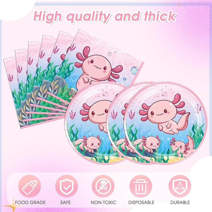 41Pcs Pink Axolotl Birthday Party Supplies Reptile Animals Theme Tableware Set Cartoon Axolotl Party Disposable Plates,Napkin,Tablecloth丨Baby Shower Boys Girls Birthday Decorations Supplies,Serves 20