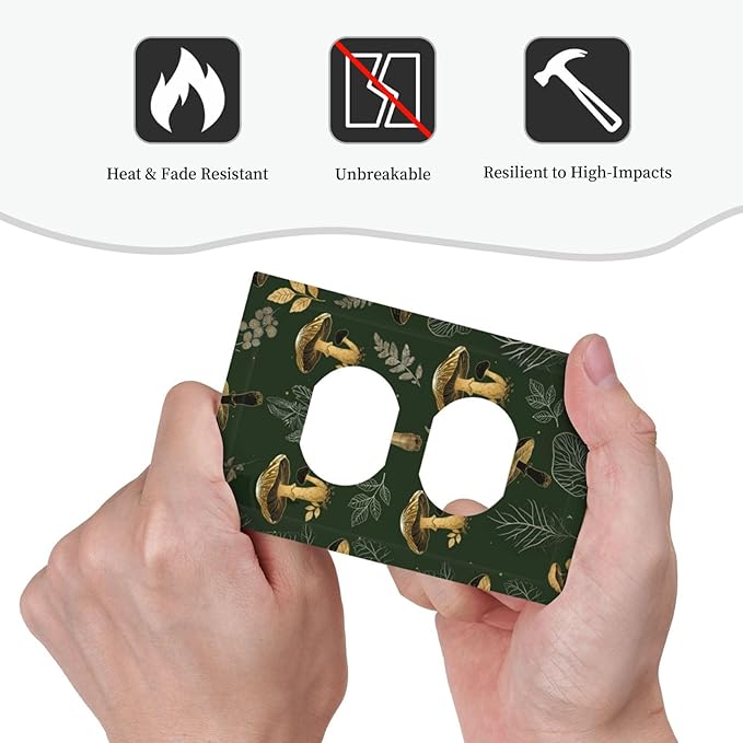 Decorative Outlet Covers Cute Gold Mushtroom Green Plant Leaf 1 Gang Duplex Light Switch Cover Plate Unique Wall Plates for Electrical Outlets Switch Plate Covers for Bedroom Decor