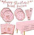 Rose Gold & Pink Sweet 16 Birthday Bundle: Party Supplies Set with paper Plates, Napkins, Cups, Tablecloth & Banner - Sweet Sixteen Decorations, Party Favors ，Serves 25