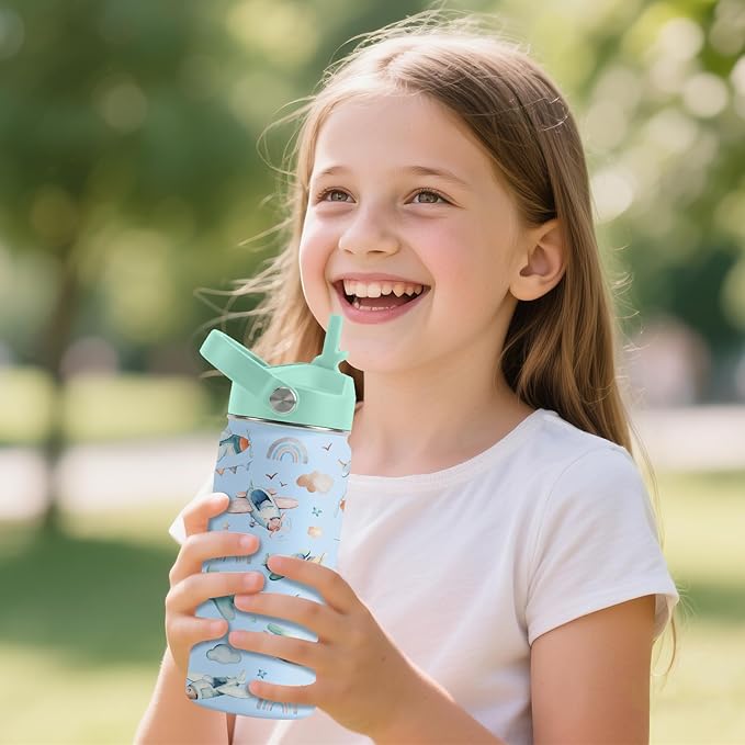 Airplane Gifts - 16oz Kids Blue Airplane Water Bottle with Straw Lid, Stainless Steel Insulated Tumbler, Leakproof, BPA-Free, for Boys, School, Travel - Helicopter Pilot Lovers Birthday Gift Cup (1pc)
