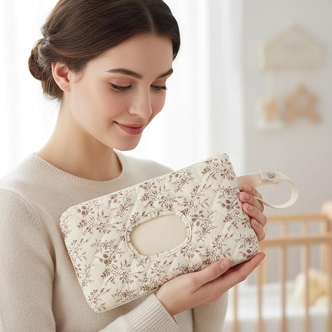 Quilted Baby Diaper and Wipes Pouch Portable Mommy Bag for Stroller Reusable Wipes Pouch with Lanyard for Casual Travel (Beige+Beige)
