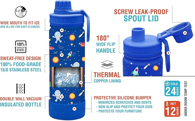 CHILLOUT LIFE 17 oz Kids Insulated Water Bottle for School with Leakproof Spout Lid and Cute Waterproof Stickers, Personalized Stainless Steel Thermos Flask Metal Water Bottle, Blue Space