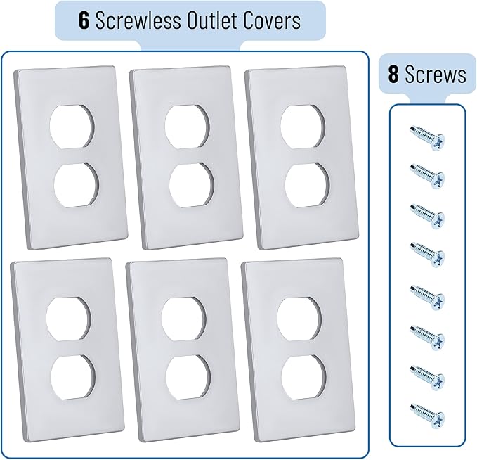 Bates- Screwless Duplex Wall Plate, Standard Size, 4.68" x 2.9", 6 Pack, Silver, 1-Gang Child Safe Receptacle Outlet Cover, Unbreakable Polycarbonate Thermoplastic