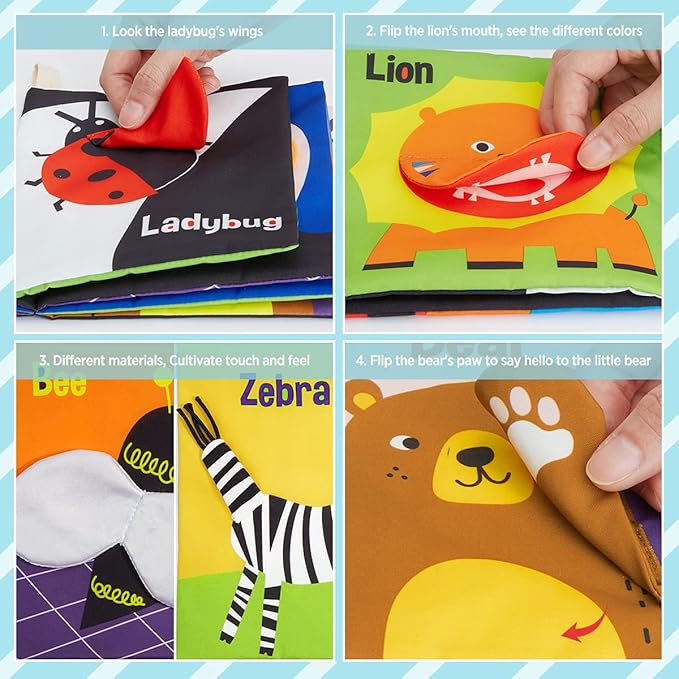 beiens Soft Baby Books - High Contrast Black & White Touch & Feel Crinkle Cloth Books for Infants & Toddlers, Early Educational Stimulation Toys, Baby Girl & Boy Gift, Animal