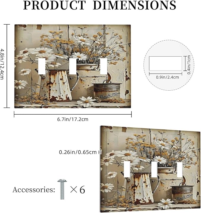 Rustic Flowers Daisy Floral White Wooden Planks Decorative Switch Plates 3 Gang Wall Plate Triple Toggle Light Switch Cover Faceplate Electrical Wall Panels for Farmhouse Home Decor