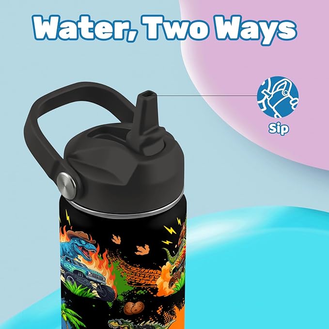 Insulated Water Bottle 18oz, Dinosaur Truck Gifts Water Bottle with 2-in-1 Straw and Spout Lid, Black Dinosaur Cup Leakproof, Truck Cup Travel Mug for Trucks Lovers, Gift Ideal for Boys