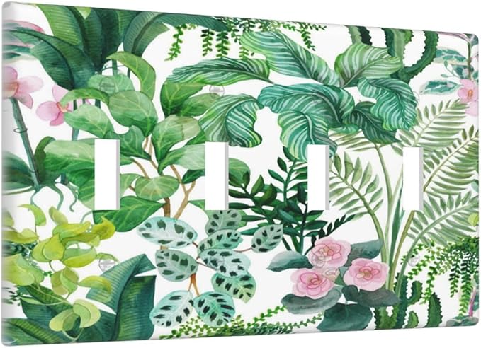 Tropical Palm Leaves Green Jungle Botanical Floral Flowers Light Switch Covers Quad Toggle Electrical Faceplate 4 Gang Wall Plate Decorative Switch Plates for Bedroom Living Room Decor