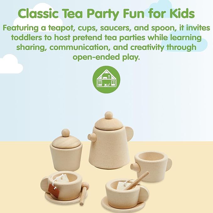 PlanToys® Wooden Tea Set for Montessori Inspired Pretend Play | Social Interaction, Language and Imaginative Role Play | Eco Friendly Wooden Tea Party Set for Creative Learning