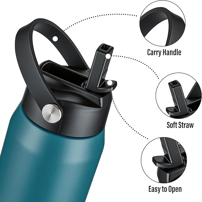 Oldley 24oz Insulated Water Bottle with Straw, Stainless Steel Water Bottle for Sports, Travel, School, BPA-Free Sports Bottles for Adult Kids, Leak-Proof, Emerald Green