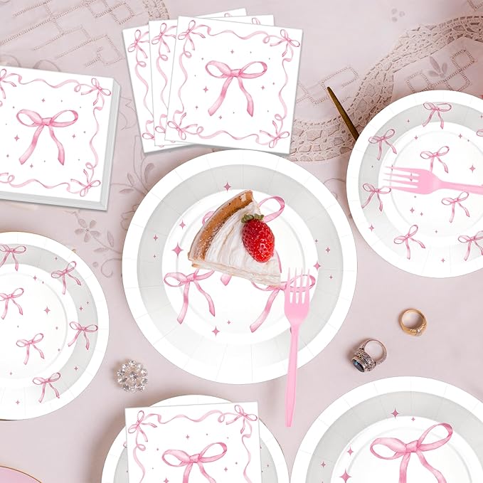 100 Pcs Pink Ribbon Bow Party Supplies Set, Serves 25 – Disposable Paper Plates, Napkins, and Plastic Forks, Coquette-Inspired Bow-Themed Tableware for Birthday, Bridal Shower, Wedding Decorations