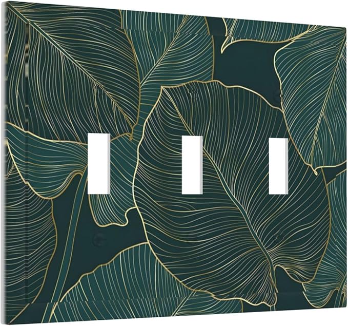 Gold Tropical Green Botanical Palm Leaves Decorative Switch Plates 3 Gang Wall Plate Triple Toggle Light Switch Cover Faceplate Electrical Wall Panels for Bedroom Living Room Decor