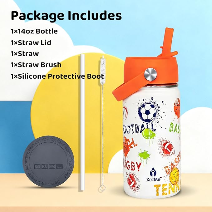14oz Sports Ball Kids Water Bottle With Straw Lid,Stainless Steel Water Bottle,Double Wall Leak Proof & BPA-Free Kids Cup,Insulated Metal Bottle for Toddlers,School Boys Girls