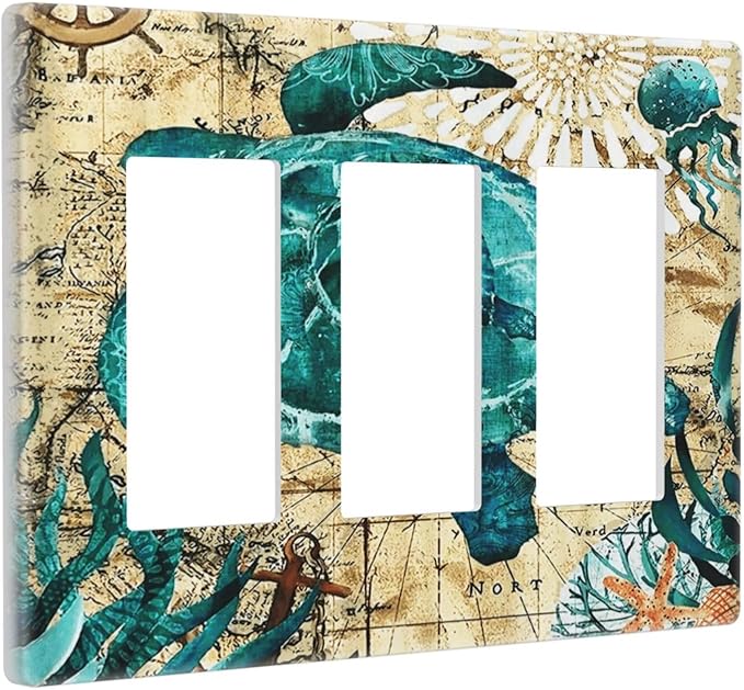 Nautical Ocean Map Tortoise Turtle 3 Gang Triple Rocker/Decora Light Switch Wall Plate Cover Decorative Electrical Faceplate Switchplate for Bathroom Living Room Decor