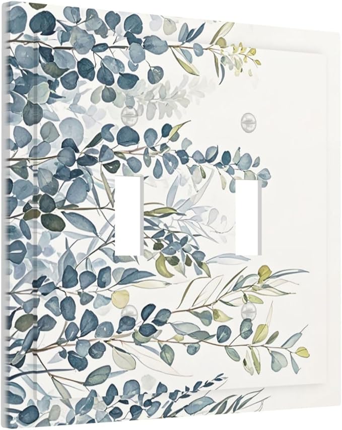 Decorative Switch Plate Cover with Green & Blue Watercolor Eucalyptus Botanical Foliage Design 2 Gang Wall Plate Unique Double Toggle Double Light Switch Covers for Contemporary Living Room