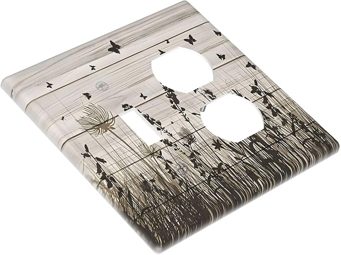 Wildflower Butterfly Grass Dandelion Vintage Wooden Print Wallplates 1 Toggle 1 Duplex Switch Plate Electrical GFCI Faceplate Decorative Light Switch Covers for Farmhouse Home Decor